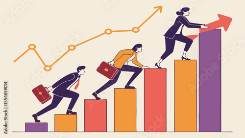 Business Success Concept – Vector Cartoon Illustration of Diverse Business People Running Up Rising Graph