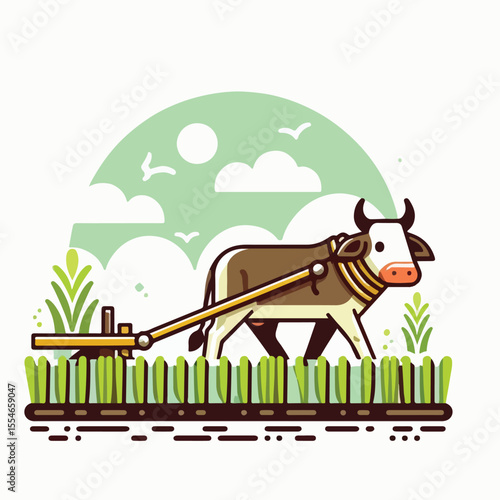 image of a cow pulling a wooden plow in a rice field with a simple and minimalist flat design using a white background