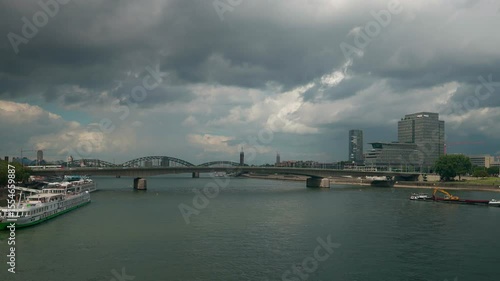 Deutzer Brucke bridge with public transportation metro in Cologne, Germany.