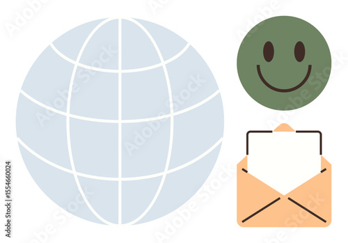 Globe with latitude-longitude lines, smiling face, and open envelope symbolizing global communication, positivity, and sharing. Ideal for connection, networking, messaging, positivity international