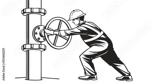 Industrial Worker Operating Pipeline Valve – Vector Silhouette Illustration