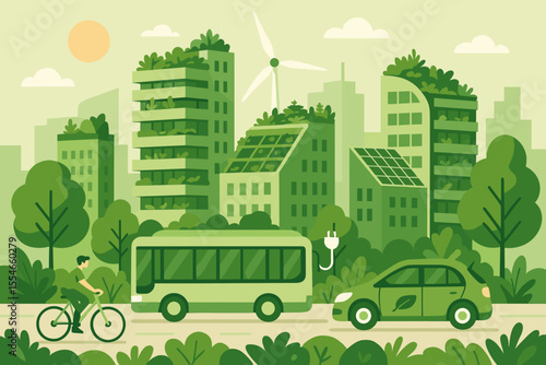 Flat Style Detailed Green City Urban Sustainability Environment Illustration