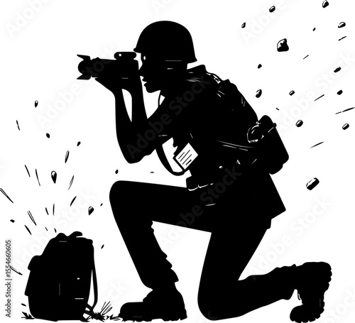 Combat Photographer or Journalist in a War Zone, Capturing a Moment with Camera