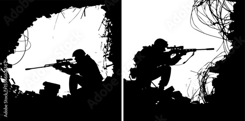 Silhouette of a Sniper with a Rifle Aiming from a Hiding Position