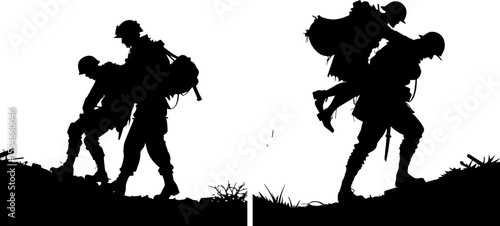 Soldier Carrying Wounded Comrade to Safety, Battlefield Rescue Silhouette