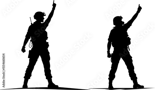 Silhouette of a Soldier Pointing Upward, Giving Direction or a Signal