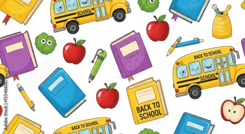 A Whimsical Collection of School Supplies Featuring Yellow Buses Red Apples Green Pens and Purple Books Set Against a Clean White Background Illustrating Early Education and Childhood Learning 