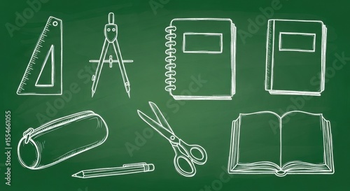 A Chalkboard Display of Essential School Supplies and Drawing Instruments Ready for Creative Learning and Academic Exploration