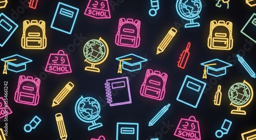 Vibrant Neon Glow Collection of Essential School Supplies Celebrating Education and Learning