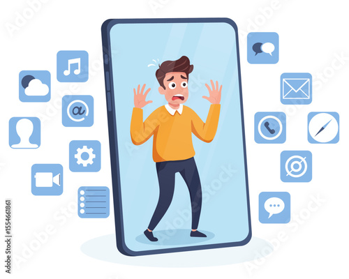 A person trapped in a smartphone, surrounded by digital icons. Digital addiction to new technologies. Pathological addiction to social networks, news. Isolated background.