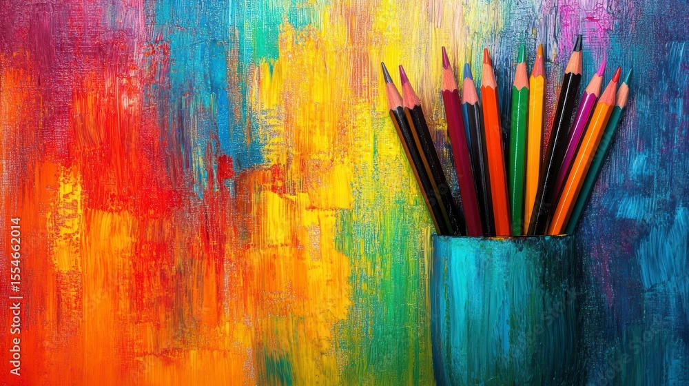 Fototapeta premium Colorful pencils in a blue holder against a vibrant abstract painted background.