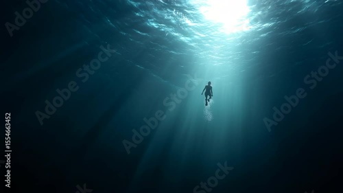 Deep Sea Diver Descending into Blue Ocean Light Rays in Tranquil Underwater Exploration Scene

