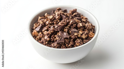 Bowl of chocolate granola with chunks of dark chocolate.