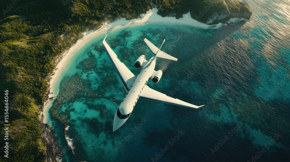 Naklejka premium Luxury Private Jet Flying Over Tropical Island Paradise Beach Aerial View