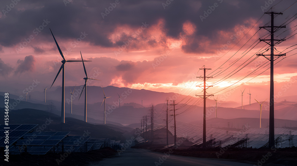 Obraz premium Wind turbines solar panels and power lines at dusk