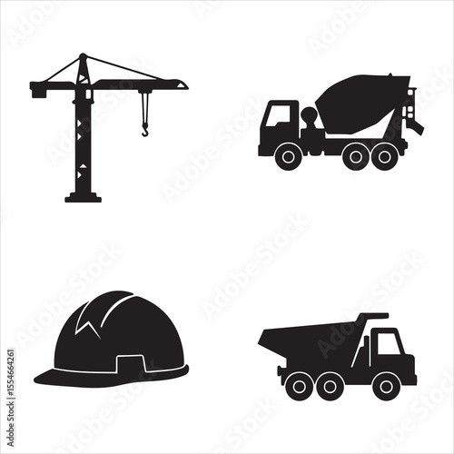 Collection of construction equipment and safety gear icons