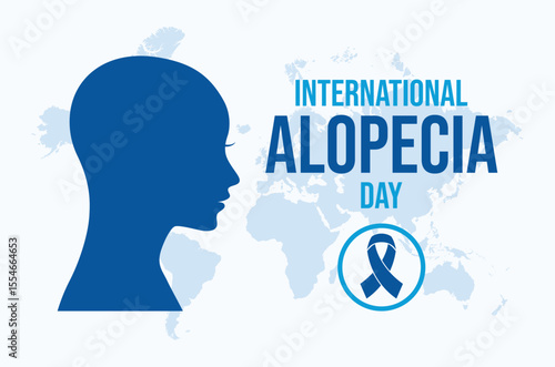 International Alopecia Day poster vector illustration. Female head in profile blue silhouette vector. Template for background, banner, card. First Saturday of August. Important day