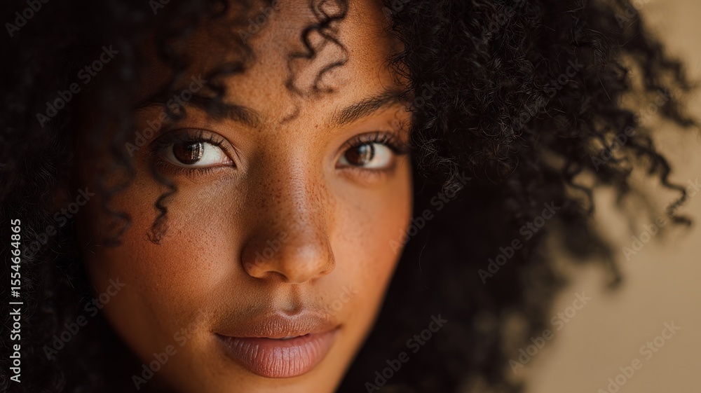 Thoughtful young woman with curly hair in soft lighting. Neural network AI generated Thoughtful young woman with curly hair in soft lighting. Neural network AI generated