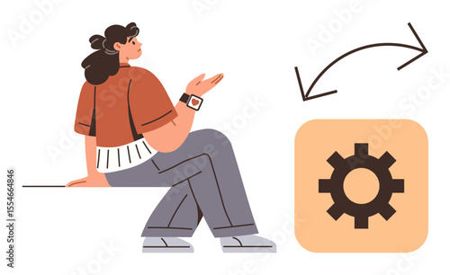 Woman gesturing towards gear icon with curved arrows indicating process flow. Ideal for innovation, collaboration, technology, workflow, systems, optimization, communication. Simple flat metaphor