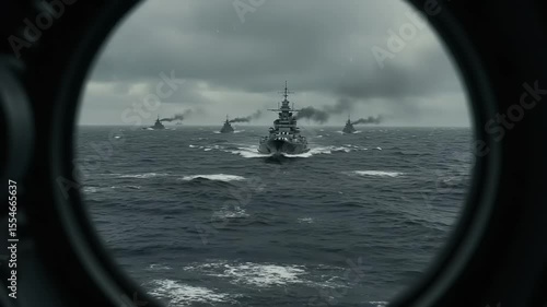 Battleships navigating through a turbulent sea under a cloudy sky, viewed through a porthole