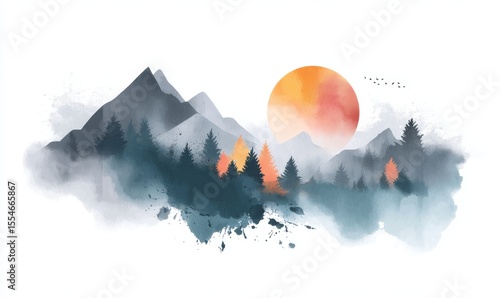 The mountain range, with pine trees set against a soft sunrise or sunset sky, is the subject of a watercolor landscape painting that features a misty atmosphere to create depth and tranquility