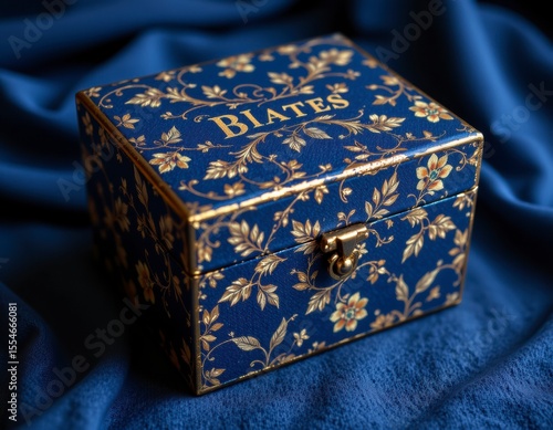 Dark Blue Decorative Box with Gold Floral Pattern on Dark Blue Fabric