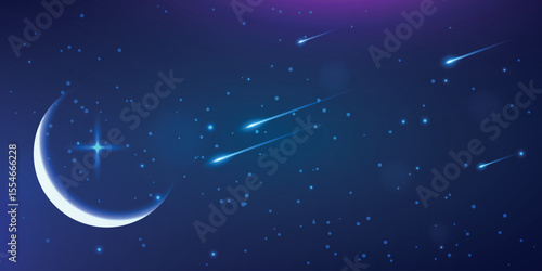 a night sky background with a gradient transition from dark blue to purple. It shows a young moon with a bright star next to it, as well as several shooting stars with blue trails.