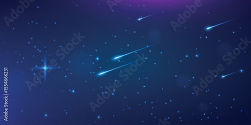 night sky background with bright stars and several shooting stars leaving blue trails.