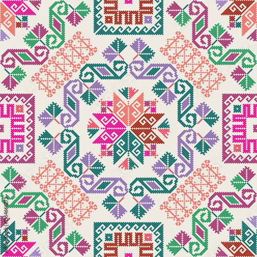 Seamless vector pattern with traditional Mexican Teenek Huastek embroidery symbols