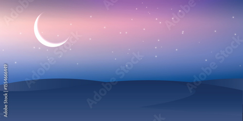 a background of evening or night sky with a gradient transition from pink to dark blue with a new moon and scattered stars. In the lower part there is a silhouette of hills.