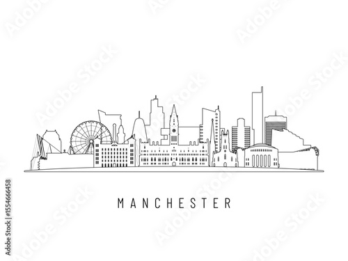 Detailed Manchester skyline vector illustration. Manchester buildings in line art style, perfect for modern designs.