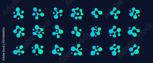 Futuristic Biotech Logos With Blue Green Gradient Molecular Shapes On Dark Background, Perfect For Science, Medical, Or Technology Branding. Vector Illustration