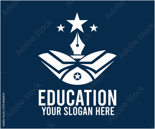 White education logo with open book, pen and stars symbolizing knowledge, learning and success