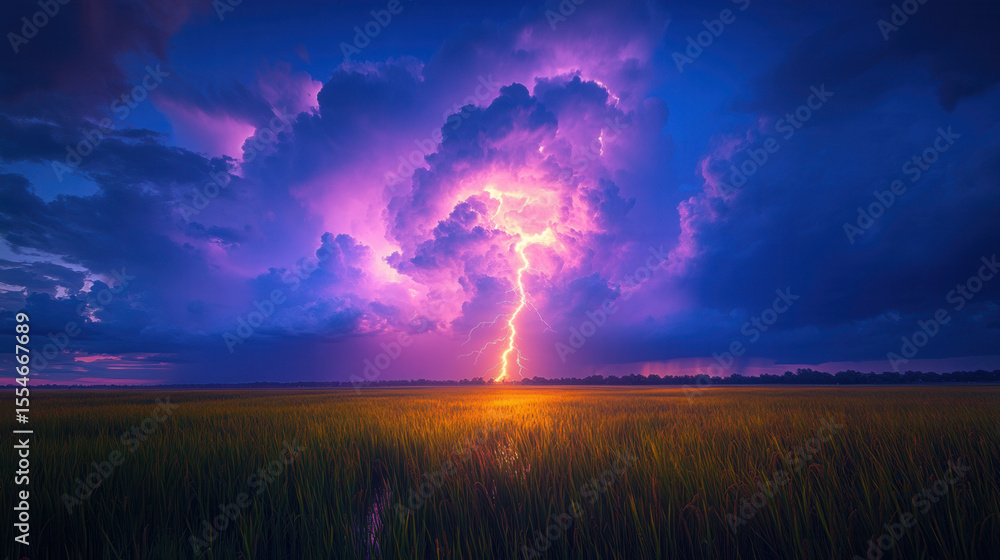 Fototapeta premium lightning strike over flooded rice fields at twilight