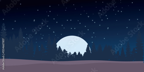 a night landscape with a large bright moon illuminating the horizon. In the foreground, you can see the silhouette of a forest with dark fir trees, and the sky is covered with stars.