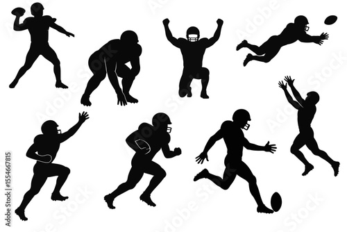 American Football Player Silhouettes in Action Poses Isolated on White 

