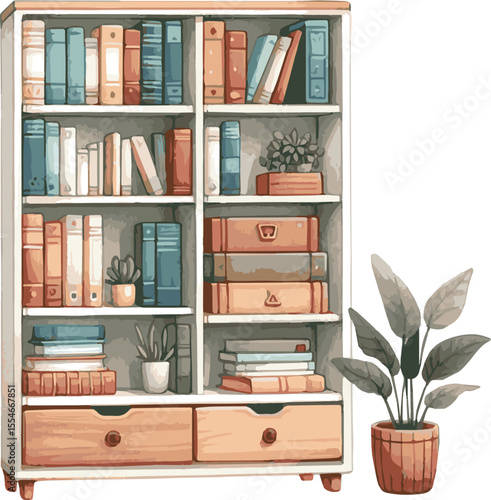 Vector watercolor painted illustration of a bookshelf