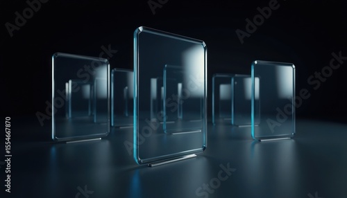 Clear glass display panels arranged on a dark surface.