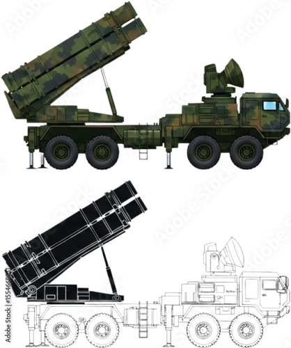 Patriot Air Defense TEL Vector Set | Realistic Military Camouflage, Solid Silhouette & Blueprint Line Art

