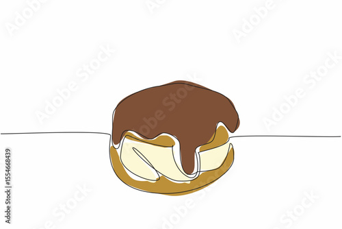 Single one line drawing cream puff topped with melted chocolate. A very delicious dessert. Full of cream in the mouth. National Chocolate Custard Day. Continuous line design graphic illustration
