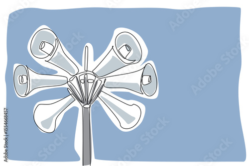 Single continuous line drawing 6 speakers installed in various directions on the tower. Mounted high for a longer reach. Announcement. National Public Radio Day. One line design vector illustration
