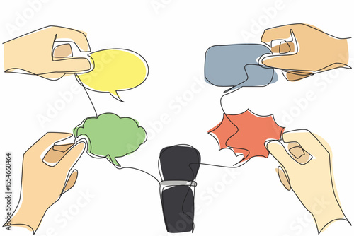 Single continuous line drawing a mic in the middle of 4 callouts of various shapes held by hand. Social media comments. Like journalists. National Public Radio Day. One line design vector illustration