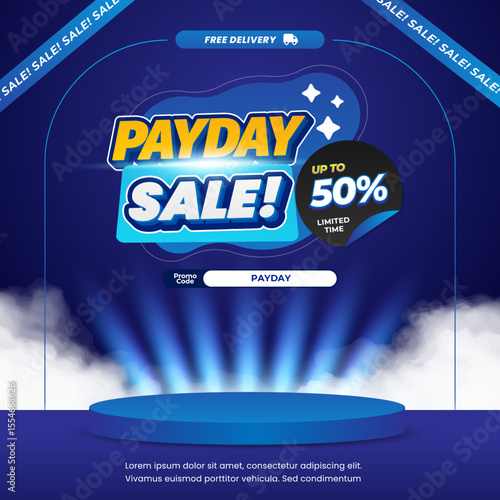 Shopping Payday Sale discount deals Editable text effect Exclusive Dark Blue gradient with showcase stage Promotion banner template