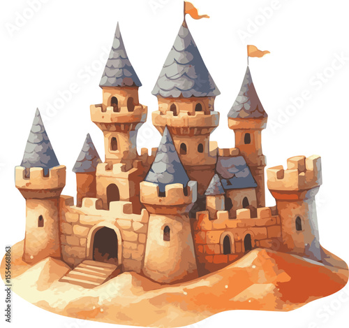 Vector watercolor painted illustration of a castle in the sand
