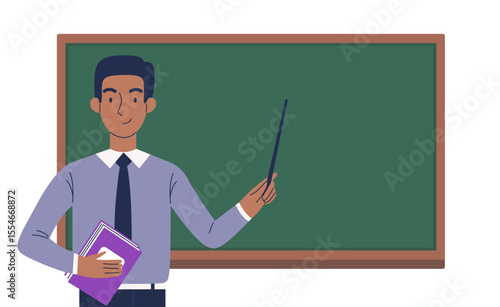 Young smiling black man teacher with a pointer in his hands stands at the blackboard. Vector illustration.