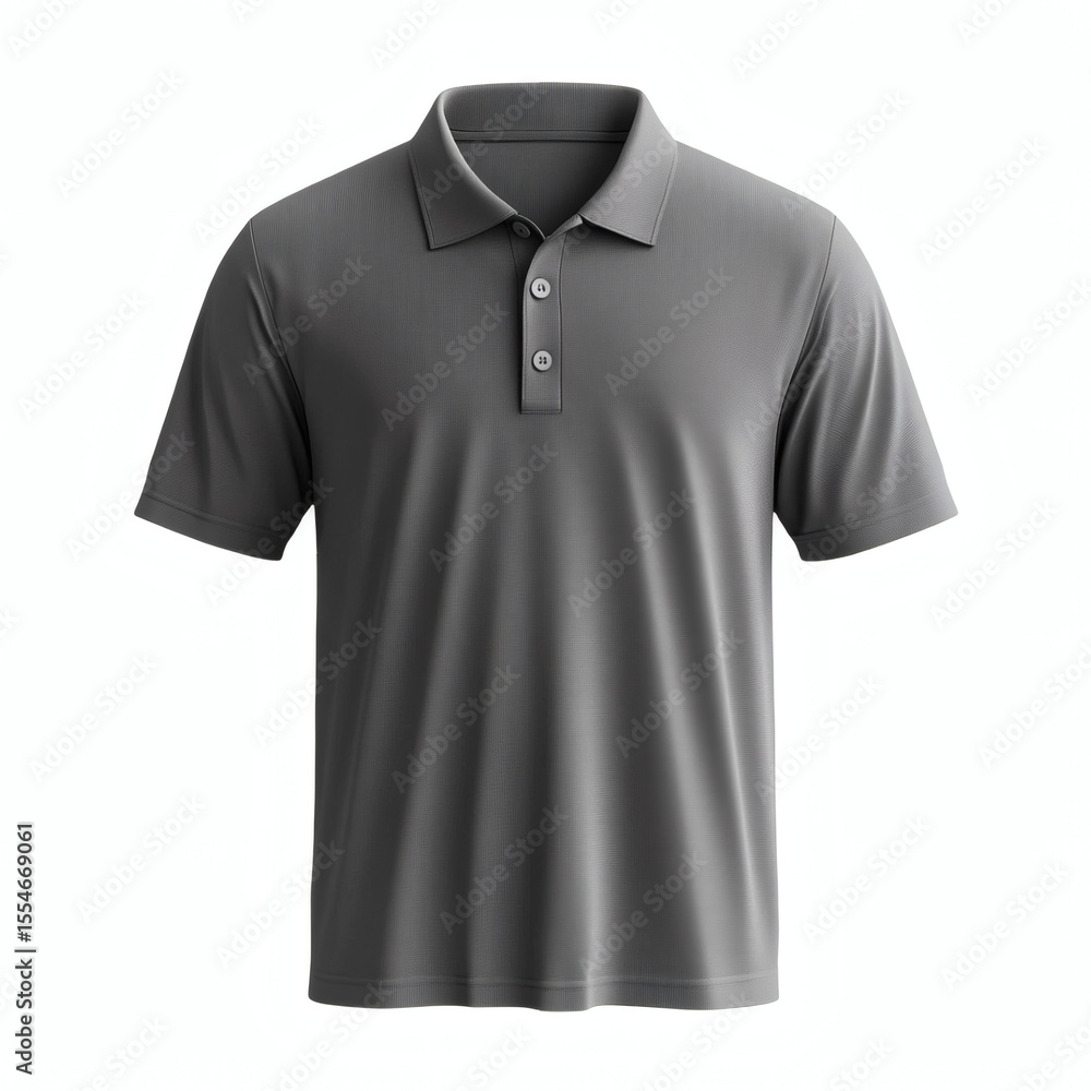 Plain dark gray polo shirt 3D mockup showcasing front view for apparel design presentation on white background. Plain dark gray polo shirt 3D mockup showcasing front view for apparel design presentation on white background.