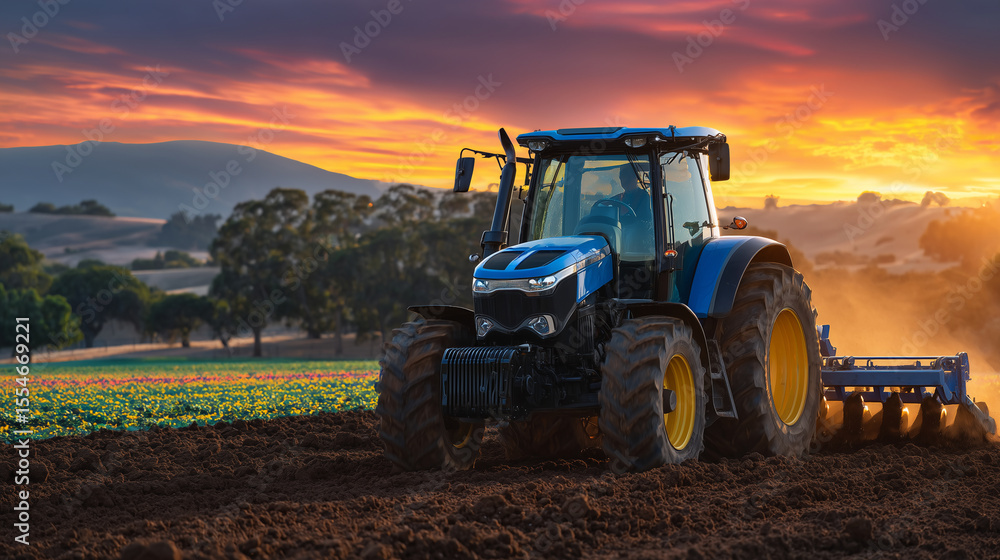 Fototapeta premium Tractor plowing the field under a dramatic sunset sky, earth being turned and aerated by large blades, warm sunlight illuminating the rural landscape and distant tree lines