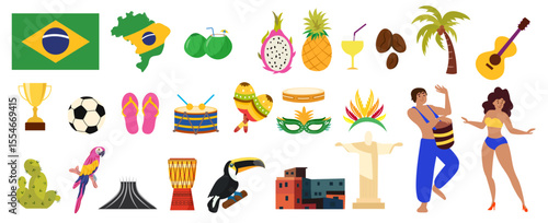 travel to brazil set culture sights nature stickers country map flag soccer balls carnival celebration tropical paradise animals beach party cartoon illustration