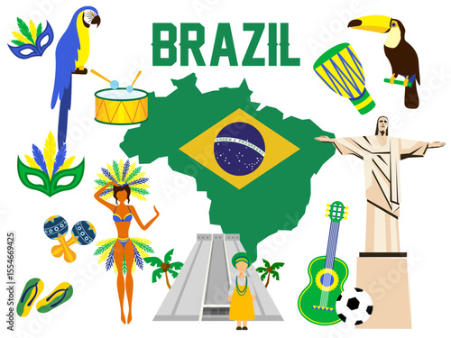 travel to brazil set culture sights nature stickers country map flag soccer balls carnival celebration tropical paradise animals beach party cartoon illustration