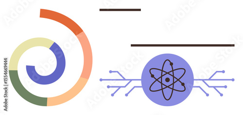 Colorful spiral graph with divided segments and an atomic structure linked to circuit lines. Ideal for science, technology, innovation, education, analytics, futurism, creativity. A simple flat